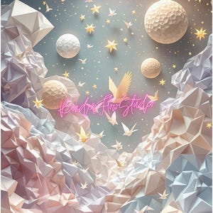 May include: A digital illustration of a dreamy, abstract background with pastel pink, blue, and white geometric shapes. The background features a star, paper birds, and white spheres. The text "Render Flow Studio" appears three times in pink neon lettering.