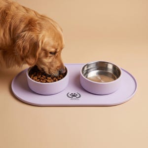 Pode incluir: Um tapete de alimentação para animais de estimação em silicone lilás claro de formato oval com duas taças de aço inoxidável removíveis. O tapete apresenta um gráfico impresso a preto de uma pata dentro de uma coroa de louros com o nome Arthur.