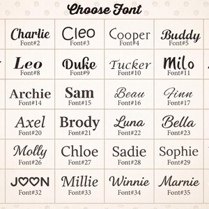 May include: A grid chart titled Choose Font displaying thirty-six distinct black typography styles on a light background. Each entry features a name and a corresponding Font number from 1 to 36, showcasing various serif, sans-serif, and script lettering.