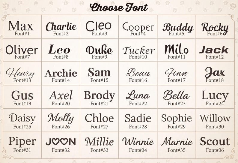 May include: A grid chart titled Choose Font displaying thirty-six distinct black typography styles on a light background. Each entry features a name and a corresponding Font number from 1 to 36, showcasing various serif, sans-serif, and script lettering.