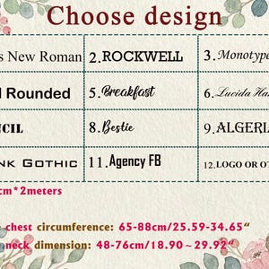 May include: A font selection chart featuring twelve numbered options including Times New Roman, Rockwell, and others. Below, text specifies a leash size of 1.2cm by 2 meters, and an adjustable harness with a chest circumference of 25.59-34.65 inches and a neck dimension of 18.90-29.92 inches.