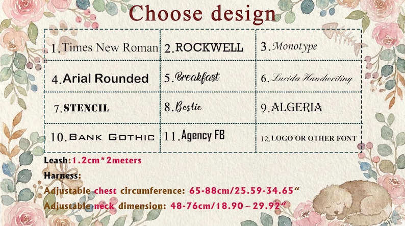 May include: A font selection chart featuring twelve numbered options including Times New Roman, Rockwell, and others. Below, text specifies a leash size of 1.2cm by 2 meters, and an adjustable harness with a chest circumference of 25.59-34.65 inches and a neck dimension of 18.90-29.92 inches.