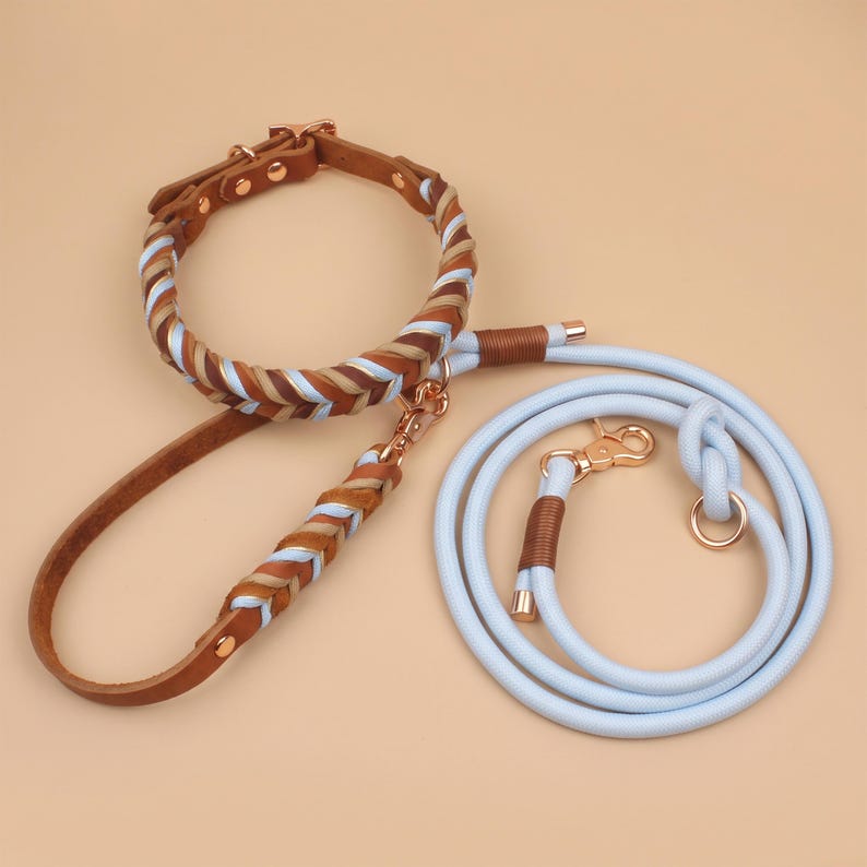 May include: A braided leather dog collar and leash set featuring tan, brown, and light blue strands with rose gold hardware. The collar has a buckle closure, and the matching light blue rope leash includes a rose gold swivel clasp and metal accents.