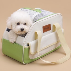 Può includere: Un trasportino per animali domestici bianco e verde chiaro con parte superiore in rete e una toppa in similpelle marrone con la scritta Buddy. Un piccolo cane bianco dal pelo soffice è seduto all'interno del trasportino con tracolla.