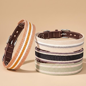 May include: Four pet collars featuring a woven fabric strap with a central stripe pattern and a dark brown leather backing. Each collar includes a silver-toned metal buckle and hardware. The collars are displayed in a stack and one standing upright.