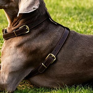 May include: A dark brown leather dog harness featuring adjustable straps and metallic buckles. The harness consists of a collar section around the neck and a chest strap that secures around the torso, designed with visible stitching along the edges.