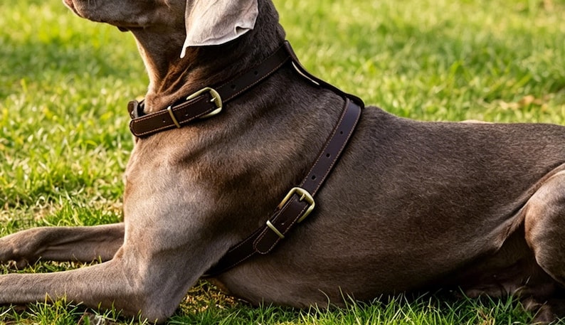 May include: A dark brown leather dog harness featuring adjustable straps and metallic buckles. The harness consists of a collar section around the neck and a chest strap that secures around the torso, designed with visible stitching along the edges.
