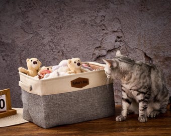 パーソナライズされたペット用おもちゃバスケット、折りたたみ式コットンリネン収納