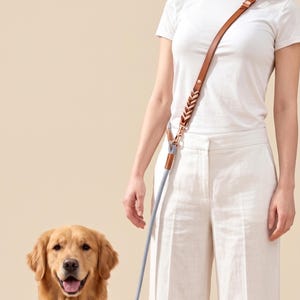 May include: A tan leather dog leash with a braided section and a light gray rope lead. The leash features metallic hardware and is worn across the body. A matching braided tan leather collar is visible on the golden retriever dog in the frame.