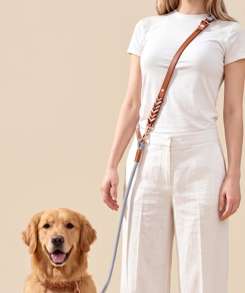May include: A tan leather dog leash with a braided section and a light gray rope lead. The leash features metallic hardware and is worn across the body. A matching braided tan leather collar is visible on the golden retriever dog in the frame.