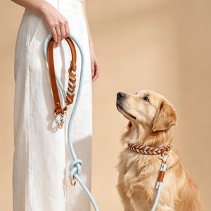 Puede incluir: Una correa para perro de color azul claro y un collar trenzado a juego con detalles en cuero marrón y herrajes de metal dorado. La correa incluye un detalle de nudo y una sección de asa trenzada, mientras que el collar muestra un patrón tejido de hebras marrones, azul claro y blancas.