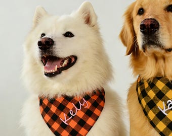 Embroidered Checkered Dog Bandana, Personalized Cat Scarf, Pet Birthday Gift