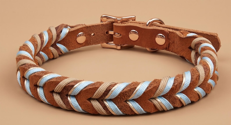 May include: A braided collar featuring brown leather strips interwoven with light blue and beige nylon cord. The collar includes a polished rose gold metal buckle, a matching D-ring, and two circular rivets securing the leather strap ends together.