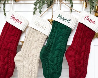 Embroidered Christmas Stockings, Knit Holiday Stockings, Family Name Stockings, Christmas Mantle Decor