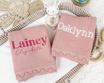 Pink Baby Name Blanket, Embroidered Baby Blanket, Newborn Cotton Blanket, Baby Girl Gift, Knitted Baby Blanket with Name, Baby Girl Blankie