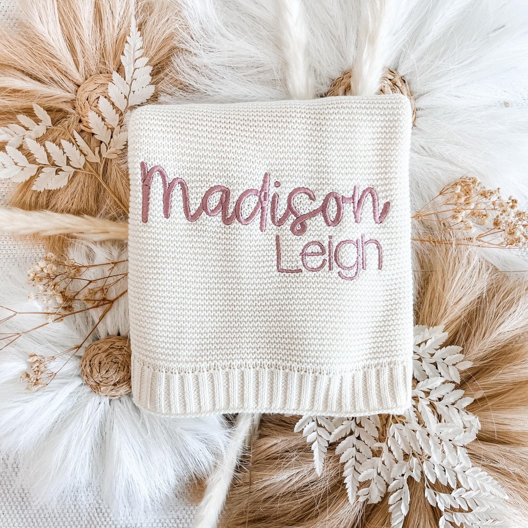 Personalized Knit Baby Blanket - Hand Embroidered Name Newborn Keepsake