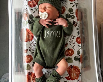 Embroidered Newborn Name Romper, Cotton Sweater Hat and Bootie Set