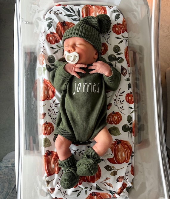 Embroidered Newborn Name Romper, Cotton Sweater Hat and Bootie Set