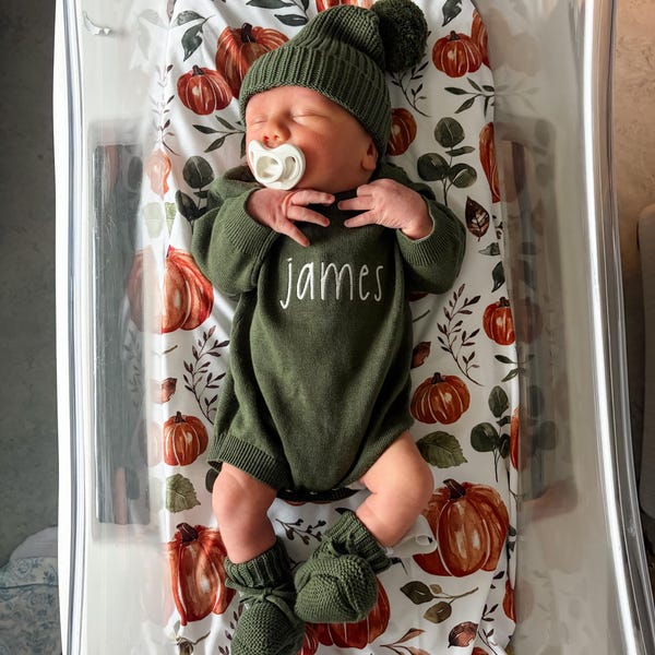 Embroidered Newborn Name Romper, Cotton Sweater Hat and Bootie Set