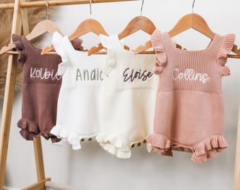 Embroidered Newborn Name Outfit, Embroidered Cotton Romper, Knit Baby Girl Outfit, Personalized Newborn Gift, Sleeveless Baby Summer Outfit