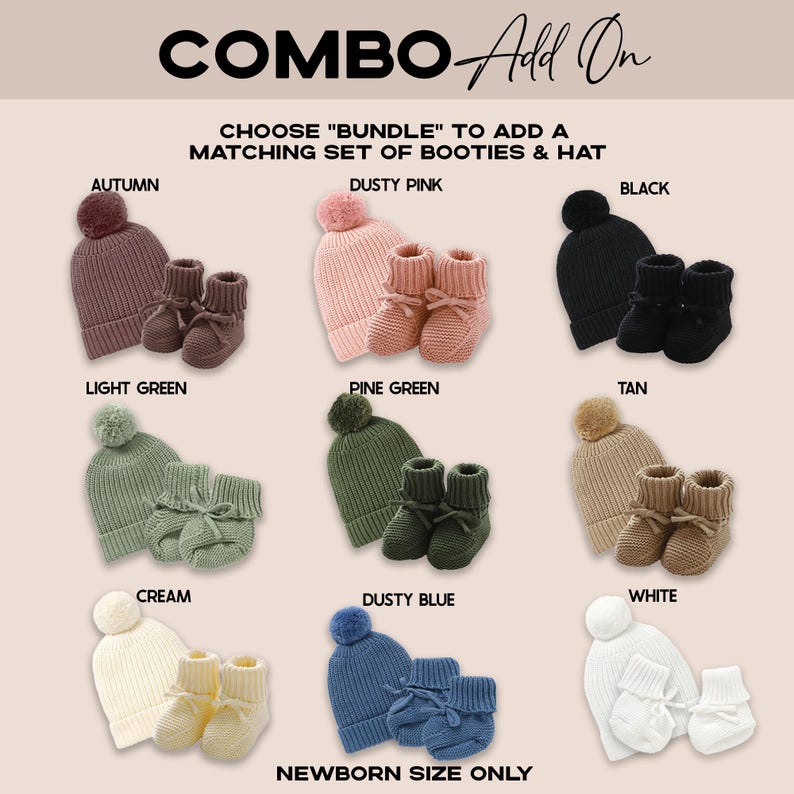 Peut inclure: Une collection de neuf ensembles assortis de bonnets en tricot avec pompons et chaussons pour b&eacute;b&eacute;, pr&eacute;sent&eacute;s dans des couleurs comme automne, vieux rose, noir, vert clair, vert sapin, beige, cr&egrave;me, bleu cendr&eacute; et blanc, avec des &eacute;tiquettes.