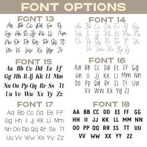 Peut inclure: Un tableau num&eacute;rique intitul&eacute; FONT OPTIONS pr&eacute;sentant six styles de polices noirs distincts, &eacute;tiquet&eacute;s de FONT 13 &agrave; FONT 18. Chaque section affiche l'alphabet complet en majuscules et minuscules dans un style script, serif ou sans-serif unique.