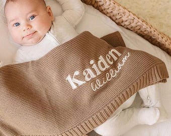 Personalized Knitted Baby Blanket, Embroidered Baby Blanket, Baby Name Blanket, Soft Cotton Baby Blanket, Newborn Name Blanket, Cotton