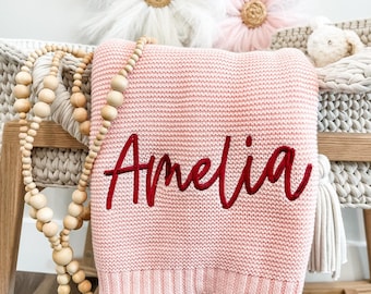 Embroidered Name Blanket, Knitted Cotton Baby Blanket, Personalized Blanket for Newborns, Baby Girl Blanket,Baby Girl Gift, Custom Baby Gift