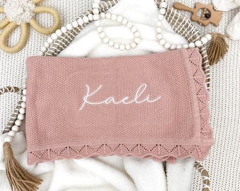 Baby Blanket, Embroidered Knit Name Blanket, Baby Girl Blanket, Newborn Baby Gift, Personalized Name Blanket, Cotton Baby Blankie, Scalloped