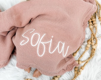 Newborn Name Blanket, Cotton Baby Blanket, Baby Girl Blanket, Scalloped Baby Blankie, Embroidered Baby Name, Personalized Baby Name Blanket
