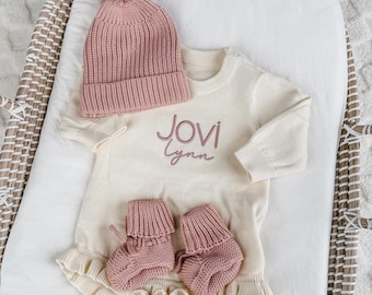 Newborn Cotton Embroidered Romper, Baby Hat and Bootie Set, Personalized Name Outfit for New Born