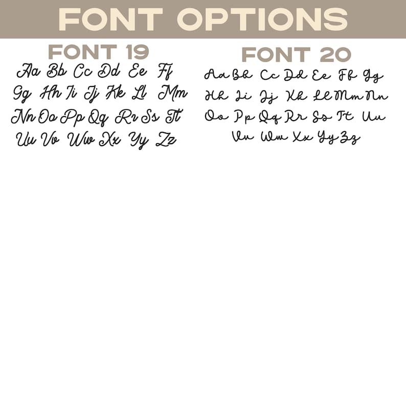 Peut inclure: Un affichage num&eacute;rique intitul&eacute; FONT OPTIONS pr&eacute;sentant deux alphabets cursifs noirs distincts &eacute;tiquet&eacute;s FONT 19 et FONT 20. Chaque ensemble comprend des lettres majuscules et minuscules de A &agrave; Z, pr&eacute;sent&eacute;es sur un fond blanc clair et lisible.