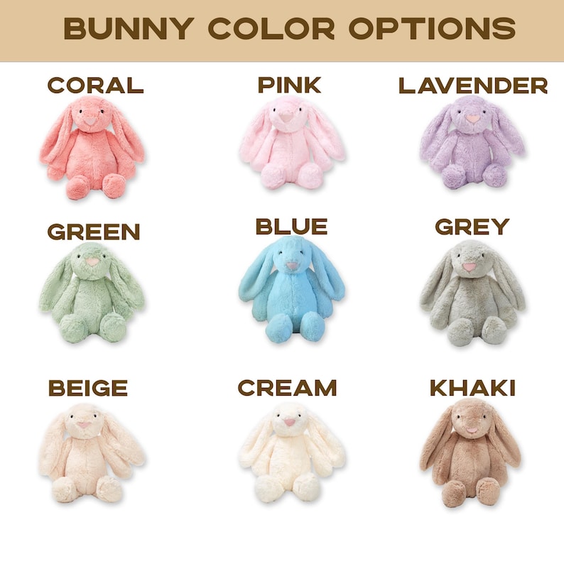 Puede incluir: Nueve conejos de peluche en varios colores: coral, rosa, lavanda, verde, azul, gris, beige, crema y caqui. El texto "BUNNY COLOR OPTIONS" est&aacute; en la parte superior. Cada conejo tiene orejas largas y ca&iacute;das.