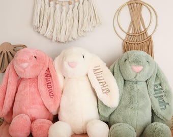 Personalized Newborn Bunny Gift with Embroidered Name — Soft Stuffed Plush Rabbit, Custom Baby Shower Keepsake, Ships Fast