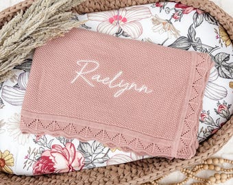 Knit Baby Blanket, Personalized Baby Name Blanket, Soft Cotton Newborn Blankie, Embroidered Baby Name, Infant Girl Blanket,Pink Baby Blanket