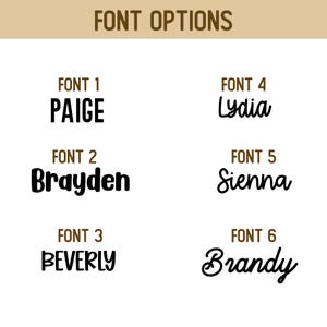 Puede incluir: Imagen que muestra seis opciones de fuente diferentes con los nombres Paige, Brayden, Beverly, Lydia, Sienna y Brandy. Las fuentes var&iacute;an en estilo, desde letras en bloque en negrita hasta elegantes cursivas, ofreciendo una variedad de opciones de dise&ntilde;o.
