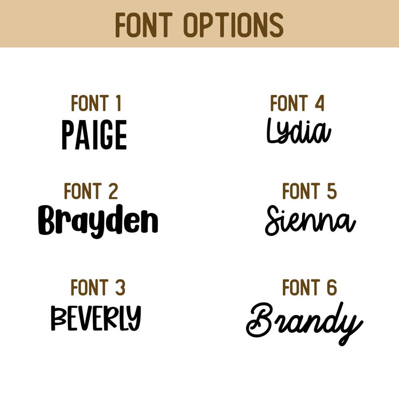 Puede incluir: Imagen que muestra seis opciones de fuente diferentes con los nombres Paige, Brayden, Beverly, Lydia, Sienna y Brandy. Las fuentes var&iacute;an en estilo, desde letras en bloque en negrita hasta elegantes cursivas, ofreciendo una variedad de opciones de dise&ntilde;o.