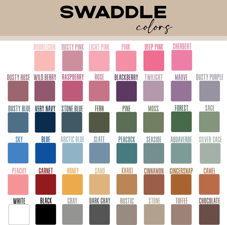 May include: A color chart with 48 different color swatches. The swatches are arranged in rows and columns, with each color labeled with its name. The colors include shades of pink, blue, green, brown, and gray.