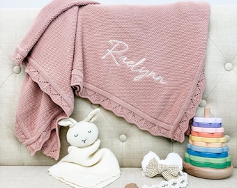 Baby Blanket with Name, Embroidered Baby Name Blanket, Custom Baby Blanket, Baby Girl Gift, Soft Newborn Blankie, Cotton Knit Baby Blanket