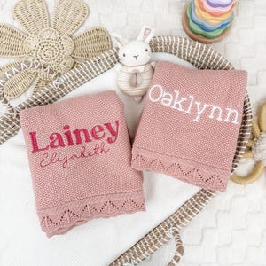 Pink Baby Name Blanket, Embroidered Baby Blanket, Newborn Cotton Blanket, Baby Girl Gift, Knitted Baby Blanket with Name, Baby Girl Blankie