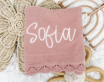 Soft Baby Name Blanket, Embroidered Baby Name, Cotton Baby Blanket, Personalized Baby Blanket, Scalloped Baby Blanket, Baby Girl Blanket