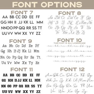 Peut inclure: Un tableau num&eacute;rique intitul&eacute; FONT OPTIONS pr&eacute;sentant six styles d'alphabet distincts &eacute;tiquet&eacute;s FONT 7 &agrave; FONT 12. Chaque section affiche des lettres majuscules et minuscules en noir sur fond blanc, FONT 10 &eacute;tant not&eacute;e comme enti&egrave;rement minuscule.