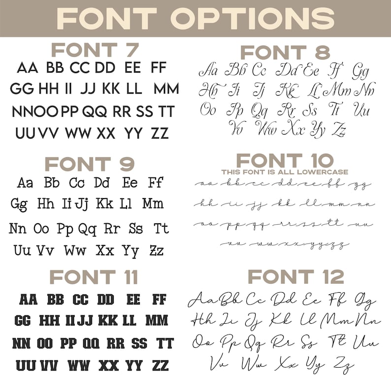 Peut inclure: Un tableau num&eacute;rique intitul&eacute; FONT OPTIONS pr&eacute;sentant six styles d'alphabet distincts &eacute;tiquet&eacute;s FONT 7 &agrave; FONT 12. Chaque section affiche des lettres majuscules et minuscules en noir sur fond blanc, FONT 10 &eacute;tant not&eacute;e comme enti&egrave;rement minuscule.