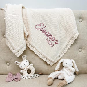 Embroidered Name Knit Blanket, Knitted Baby Name Blanket, Baby Name Blanket, Personalized Name, Name Blanket for Girl, Pink Girl Blanket image 1