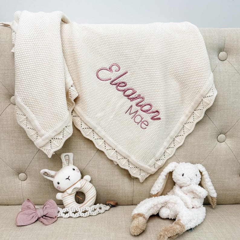 Embroidered Name Knit Blanket, Knitted Baby Name Blanket, Baby Name Blanket, Personalized Name, Name Blanket for Girl, Pink Girl Blanket image 1