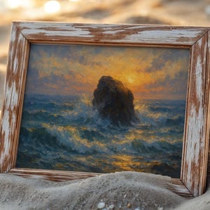Dramatic Ocean Sunset Oil Painting Print | Crashing Waves & Rock Seascape Wall Art | Coastal Landscape Decor for Home or Office