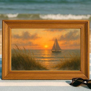 Sunset Sailboat Wall Art – Ocean Nautical Print, Coastal Beach Sunset Decor, Digital Download, Sailing at Dusk Painting Print