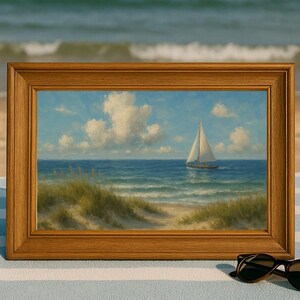 Coastal Sailboat Wall Art Print – Ocean Beach Landscape Digital Download, Nautical Sea Decor, Boat Painting, Instant Coastal Artwork