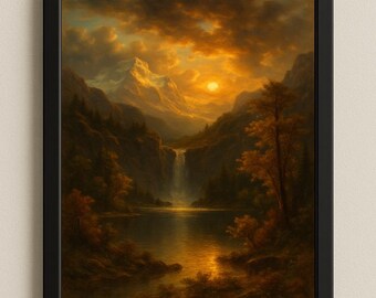 Golden Sunset Waterfall in Mountain Valley – Moody Landscape Wall Art Print, Digital Download, Warm Nature Painting, Rustic Home Decor