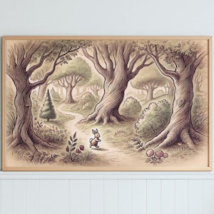 Vintage Storybook Forest Wall Art Print - Whimsical Woodland Digital Download - Fairytale Nursery Decor, Cottagecore Landscape Illustration
